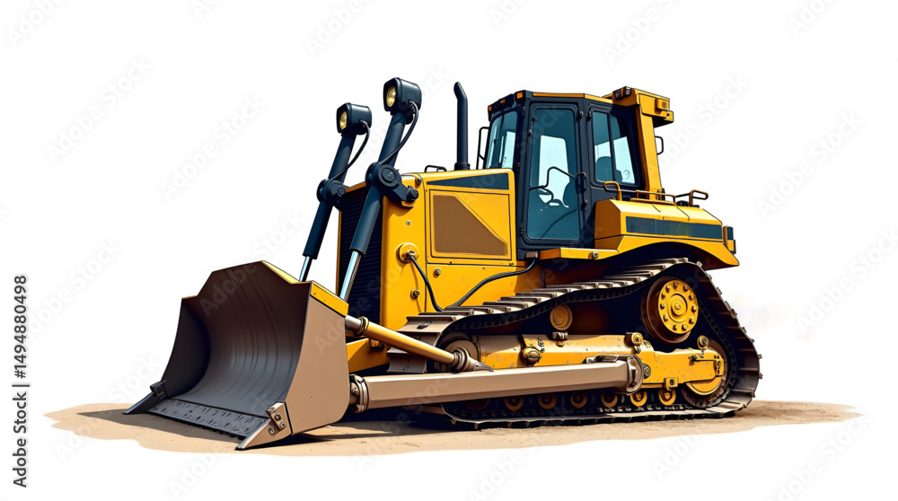 Obraz premium A magnificent yellow bulldozer in action at a bustling construction site. The powerful machine dominates the scene with its robust design and meticulously engineered components.