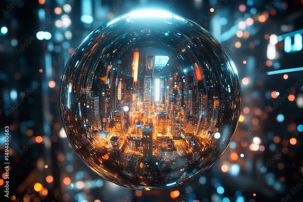 Obraz premium Futuristic city enclosed in a glowing sphere with reflections of skyscrapers and sunset over urban landscape