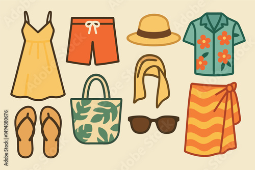 Summer beachwear outline icons set – fashion, clothes and sunny vacation symbols