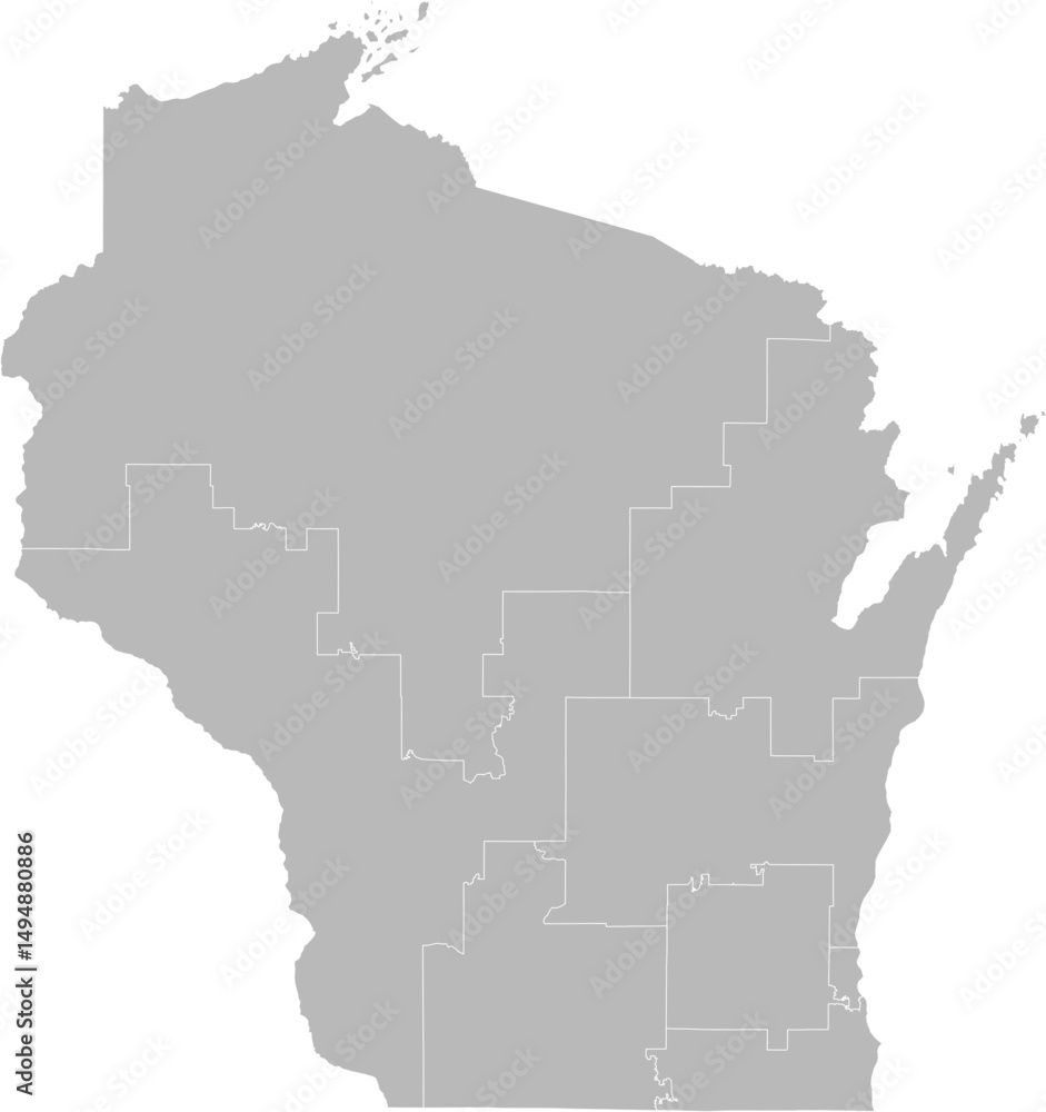 Fototapeta premium Wisconsin congressional districts vector map (Web Mercator projection, PPT-compatible & fully editable)