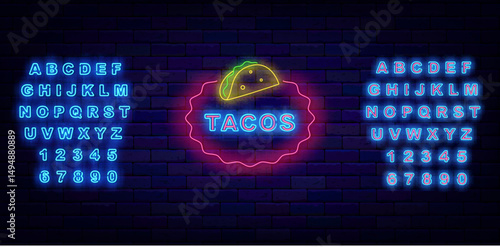 Tacos street food. Mexican bar neon label. Taste of Mexico. Shiny blue alphabet. Vector stock illustration