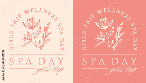 Spa day wellness girls trip club friends group besties self care weekend women shirt design logo. Pink floral boho chic elegant luxury lotus flower girly plants aesthetic illustration poster print. 