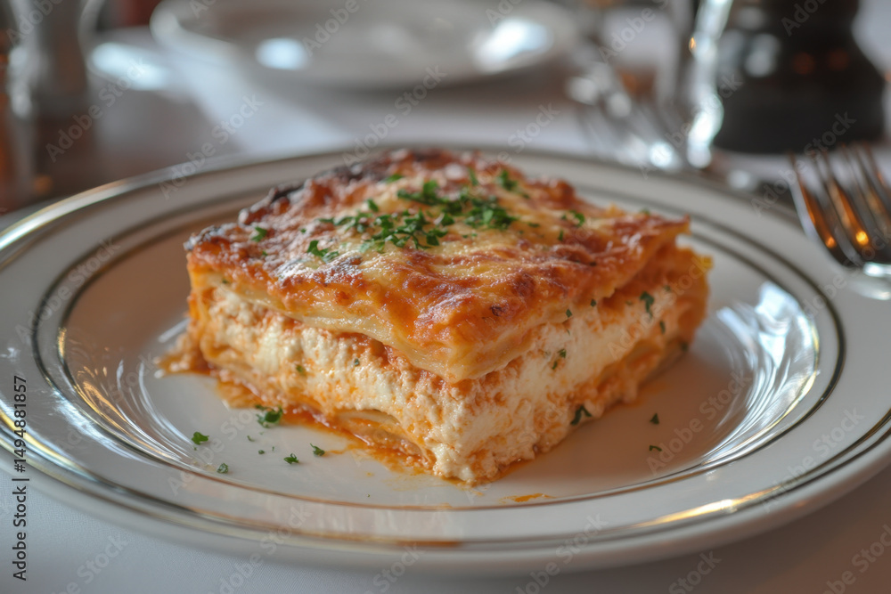 Plate with a piece of lasagna. Plate with a piece of lasagna.