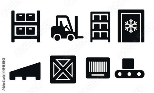Warehouse and logistics solid icons set – filled, storage, supply chain symbols