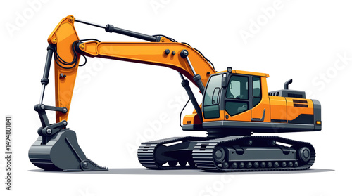 A meticulously rendered excavator at a bustling construction site. Every detail of the heavy machinery is captured with technical precision and artistic flair. Vector design illustrasi.