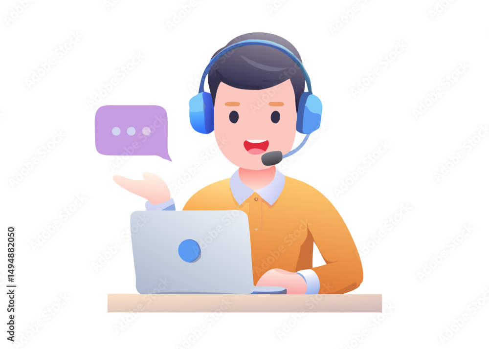 Customer service, support and call center concept. Operator avatar wearing headset talking by microphone and chatting with client. 3d realistic character. Vector illustration Customer service, support and call center concept. Operator avatar wearing headset talking by microphone and chatting with client. 3d realistic character. Vector illustration