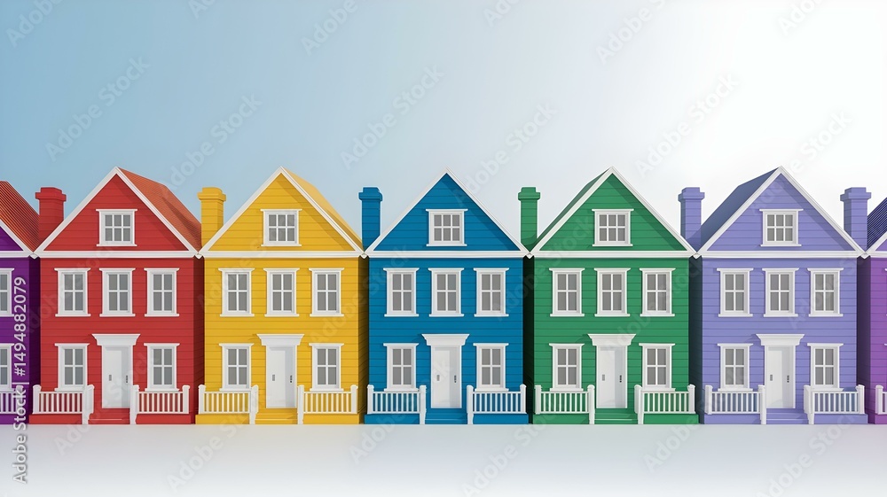 Row of Vibrant Rainbow-Colored Houses Against a Soft Blue Background, Ideal for Real Estate Diversity and Community Concepts Row of Vibrant Rainbow-Colored Houses Against a Soft Blue Background, Ideal for Real Estate Diversity and Community Concepts