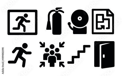 Emergency and safety solid icons set – filled, evacuation, hazard symbols
