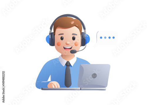 Customer service, support and call center concept. Operator avatar wearing headset talking by microphone and chatting with client. 3d realistic character. Vector illustration