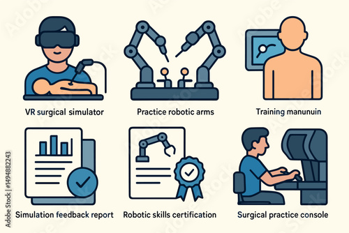 Medical training robots icon set – flat, healthcare, vr simulation symbols