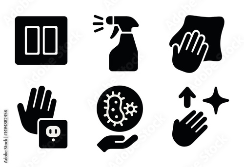 Cleaning and sanitation silhouette icons set – hygiene, disinfection graphics