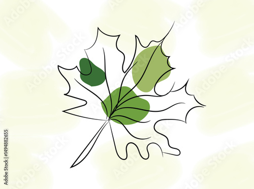Abstract Line Art Maple Leaf with Green Accents on Light Background