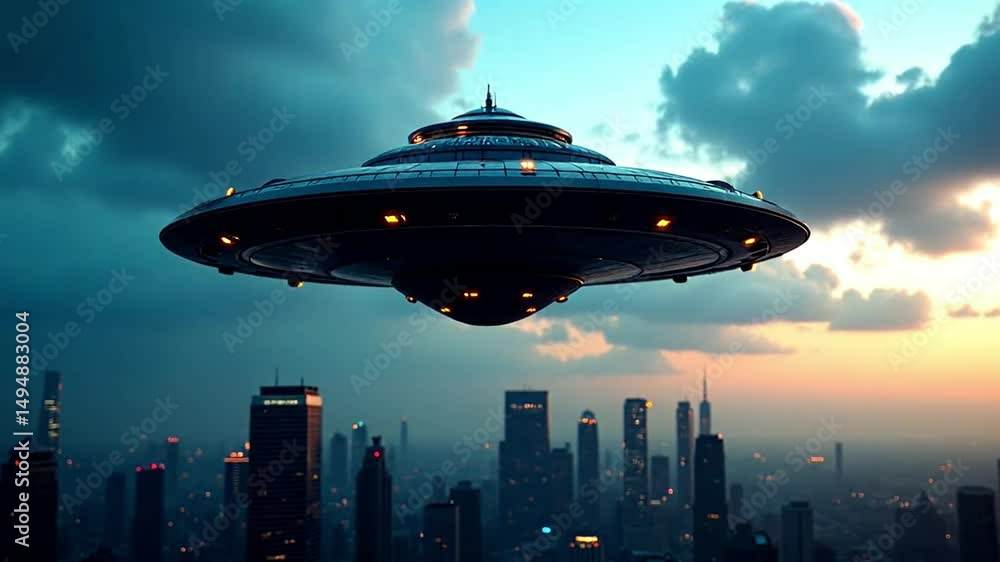Futuristic UFO Flying Over Modern Cityscape at Dusk Futuristic UFO Flying Over Modern Cityscape at Dusk