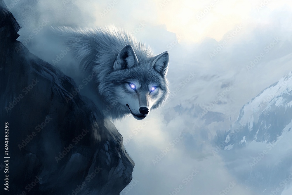 Obraz premium Wolf with radiant eyes reflects the power of the moon in a mystical forest setting under twilight sky