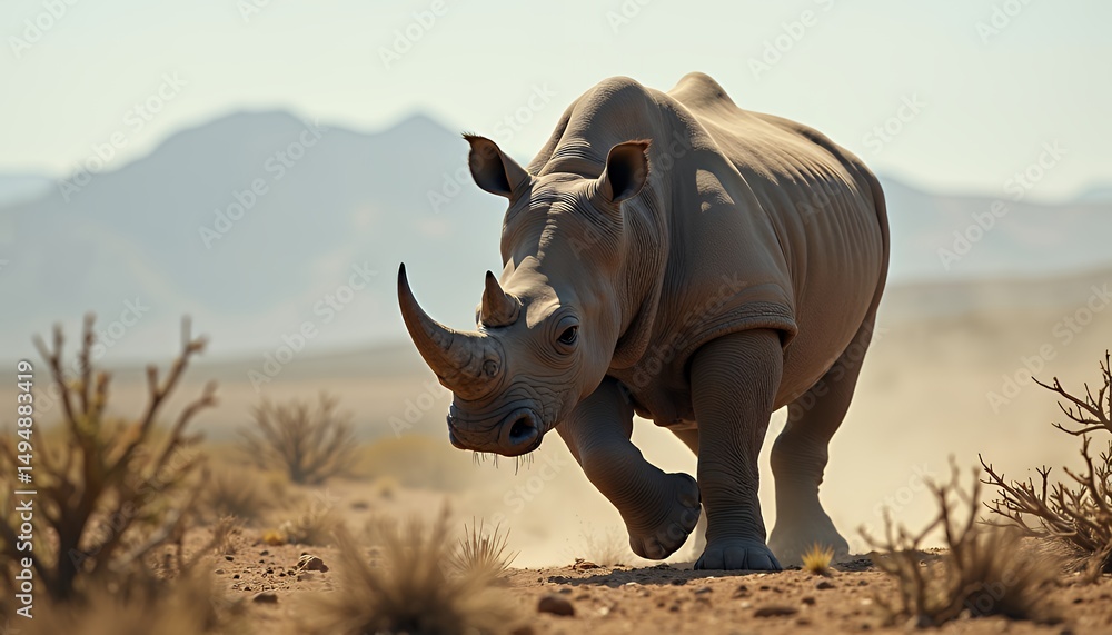 Fototapeta premium Rhino Running in African Savanna Dust with Mountains in Background