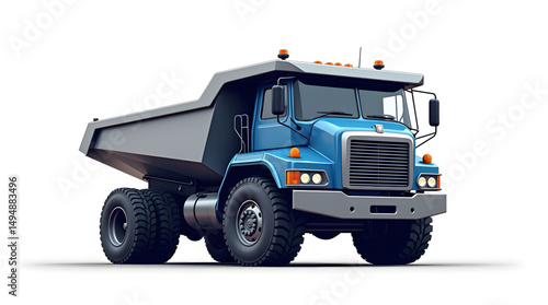 A heavy-duty dump truck, painted in a striking blue color, designed for industrial and construction purposes. The truck features a large. Vector design illustrator