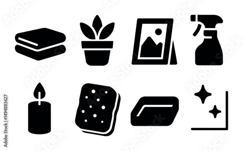 Home cleaning solid icons set – hygiene, tools, housekeeping essentials in bold design