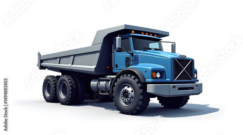 A heavy-duty dump truck, painted in a striking blue color, designed for industrial and construction purposes. The truck features a large. Vector design illustrator