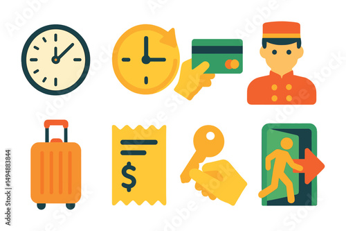 Hotel and travel icons set – flat, filled, luggage and hospitality symbols