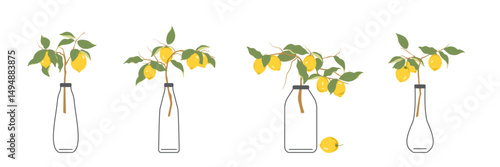 Trendy summer illustration with lemon branches in elegant glass vases on a white background. It includes leaves, fruits , transparent vases. Great for summer branding, home decor, food-themed projects