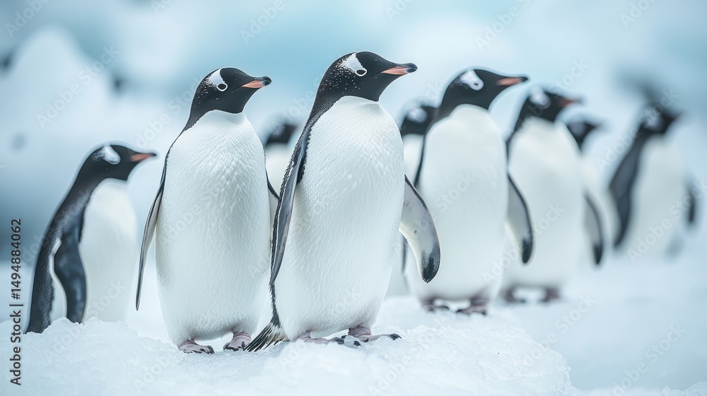 Fototapeta premium Gentoo penguins stand on ice