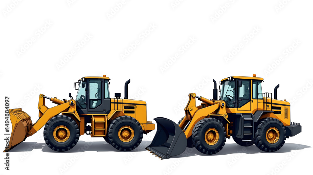 Fototapeta premium A magnificent yellow bulldozer in action at a bustling construction site. The powerful machine dominates the scene with its robust design and meticulously engineered components.