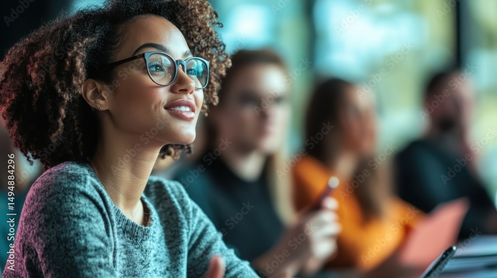 Obraz premium Teachers attending a professional development workshop, taking notes and engaging with a presenter.