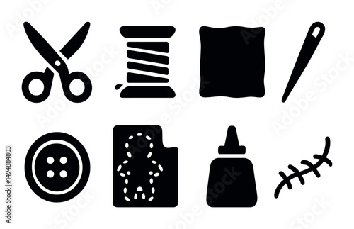 Sewing solid icons set – craft, tailoring, needlework symbols