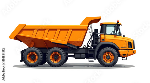 A large orange dump truck dominating the industrial worksite. It is a prime example of modern heavy machinery designed for demanding construction and excavation tasks. Vector design illustrator