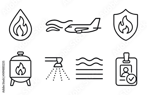 Fire safety outline icons set – solid, linear, emergency protection symbols