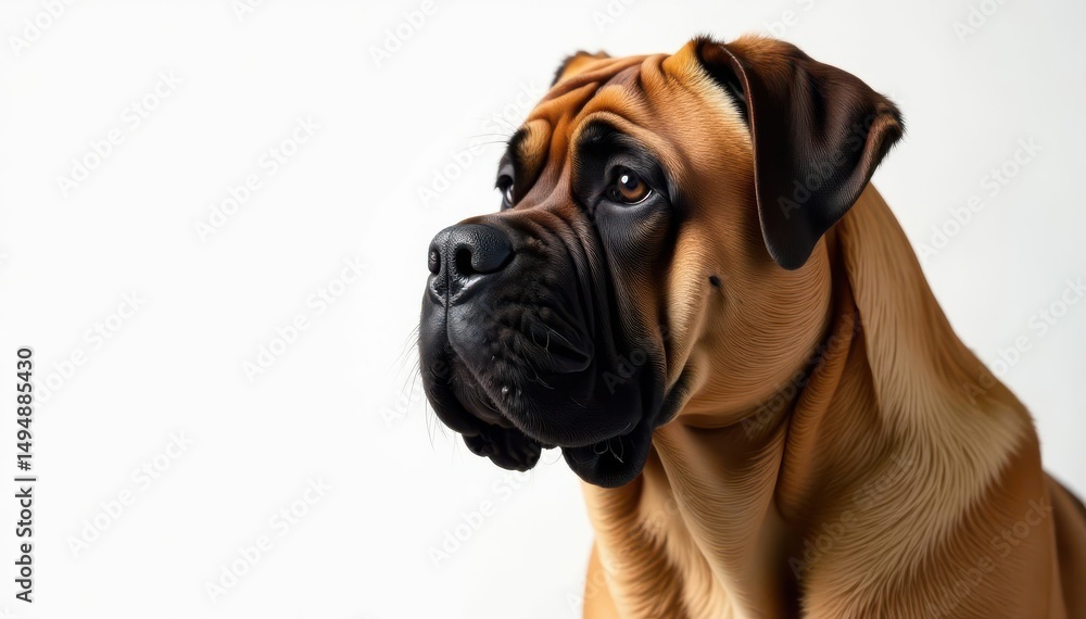 Fototapeta premium Imposing Mastiff, detail shot, purebred, white backdrop, wrinkles, pet