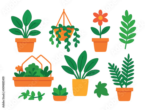 Collection of houseplants and gardening icons for creative design projects