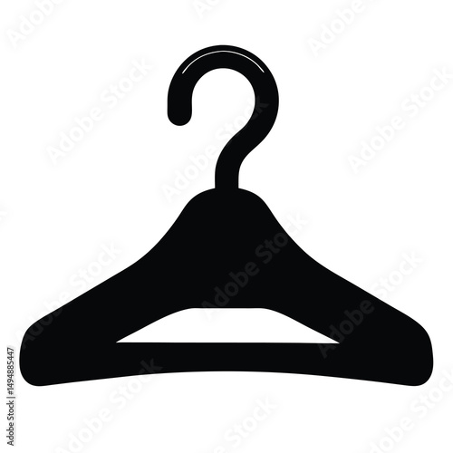 A black minimalist clothing hanger presented on a stark white background.