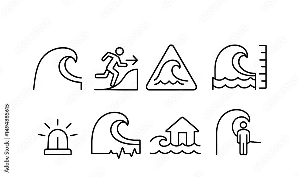 Natural disaster warning icons set – outline, emergency, hazard and alert symbols Natural disaster warning icons set – outline, emergency, hazard and alert symbols