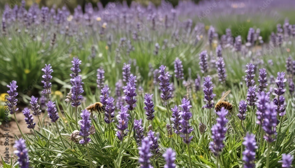 Obraz premium Busy bee pollinating lavender & primrose blossoms in sunny garden , wildlife, violet
