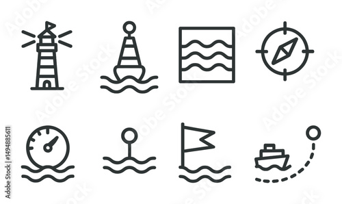 Nautical and marine outline icons set – linear, sea, ocean navigation symbols