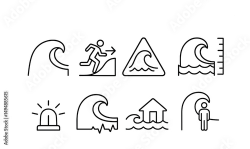 Natural disaster warning icons set – outline, emergency, hazard and alert symbols