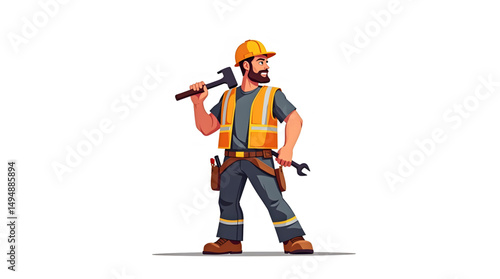 A construction worker equipped with essential safety gear, including a bright yellow hard hat, a high-visibility reflective vest, and protective gloves. The worker holds a sturdy spade in one hand