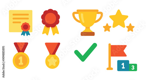 Awards and achievements flat icons set – filled, medals, trophies and certificates