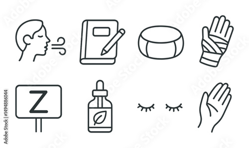 Sleeping and relaxation line icons set – outline, flat, rest and wellness symbols