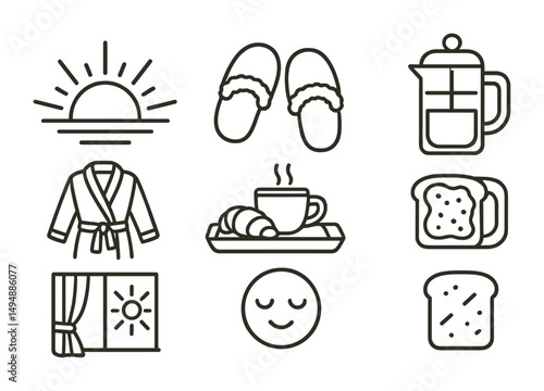Morning routine outline icons set – flat, line, breakfast and relaxation symbols