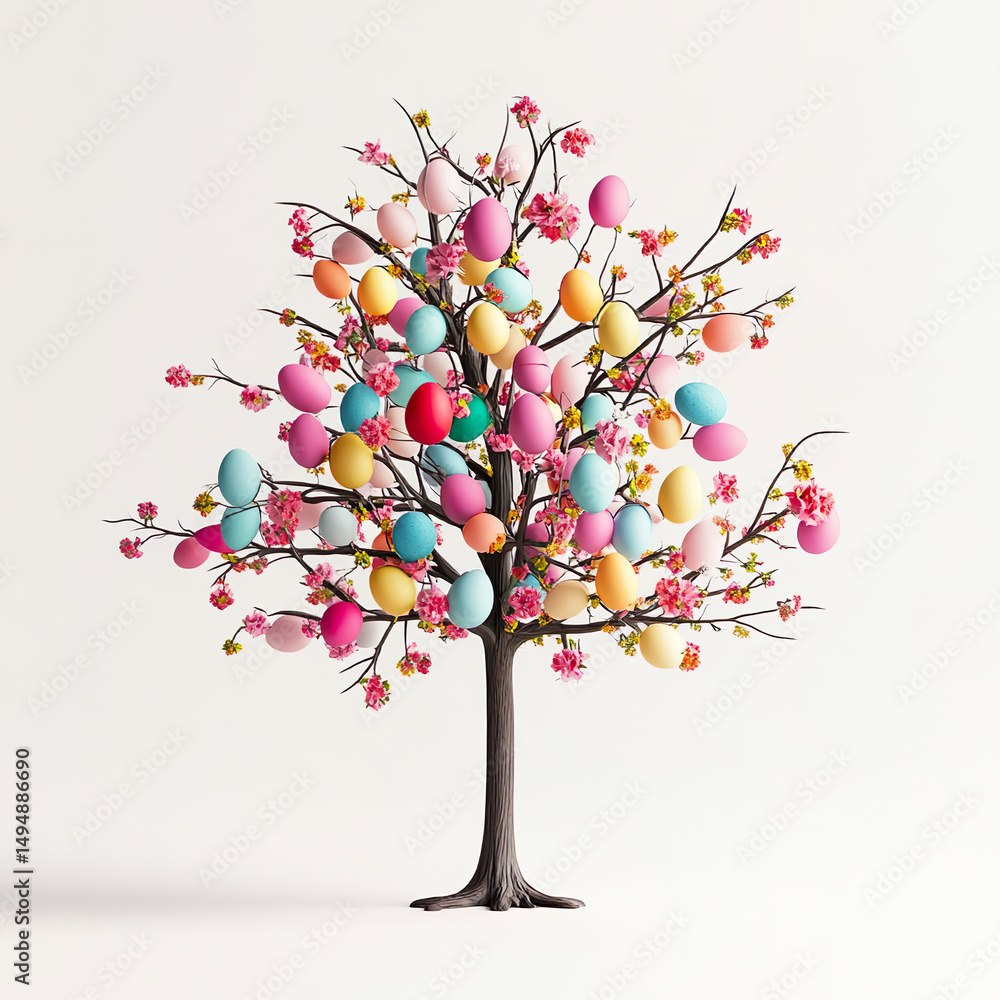 Fototapeta premium Colorful easter eggs adorn blooming spring tree