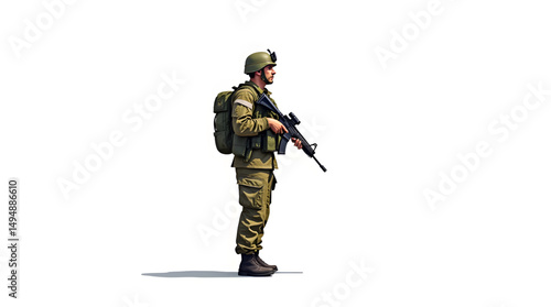 A dedicated soldier standing confidently, fully equipped for the unpredictable challenges of modern warfare. Clad in camouflage uniform and robust tactical gear. Vector design illustator
