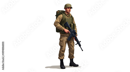 A dedicated soldier standing confidently, fully equipped for the unpredictable challenges of modern warfare. Clad in camouflage uniform and robust tactical gear. Vector design illustator