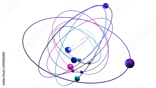 Foto Colorful 3D electron orbital model of atom with elliptical paths and nucleus on