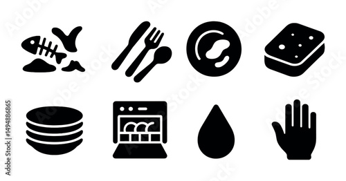 Dishwashing solid icons set – kitchen, cleaning, hygiene symbols