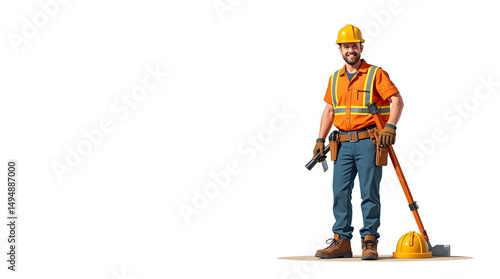 A construction worker equipped with essential safety gear, including a bright yellow hard hat, a high-visibility reflective vest, and protective gloves. The worker holds a sturdy spade in one hand
