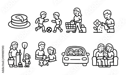 Family life outline icons set – linear, line, home activities and parenting symbols
