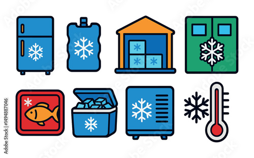 Cold storage outline icons set – flat, freezing and preservation symbols