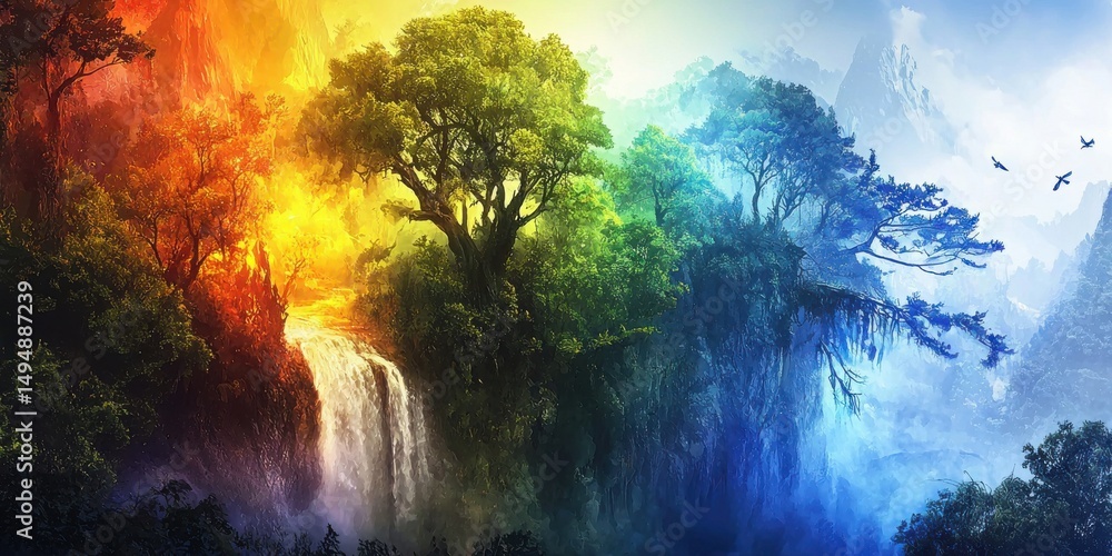 Fototapeta premium A vibrant, surreal landscape featuring colorful trees, a waterfall, and a gradient sky transitioning from warm to cool tones.